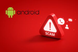 Simbolo allerta con scritta spam e logo Android