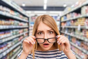 ragazza in primo piano e supermercato